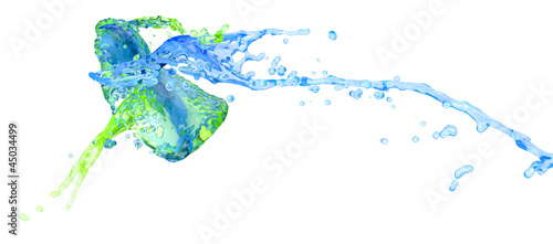 blue and green color splashes collide - isolated on white