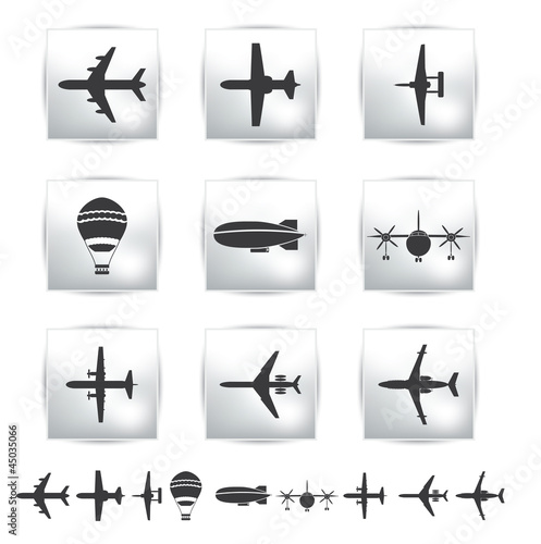 Vector collection different airplane and gray silhouettes. Set