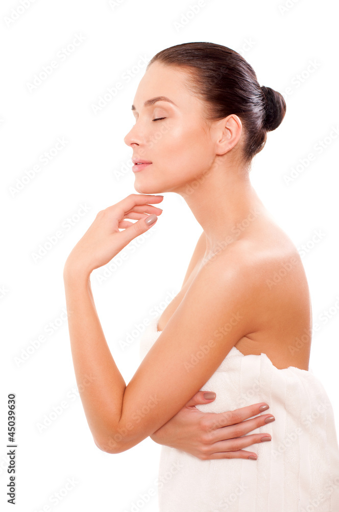Portrait of Fresh and Beautiful brunette woman wearing white tow Portrait of Fresh and Beautiful brunette woman wearing white tow