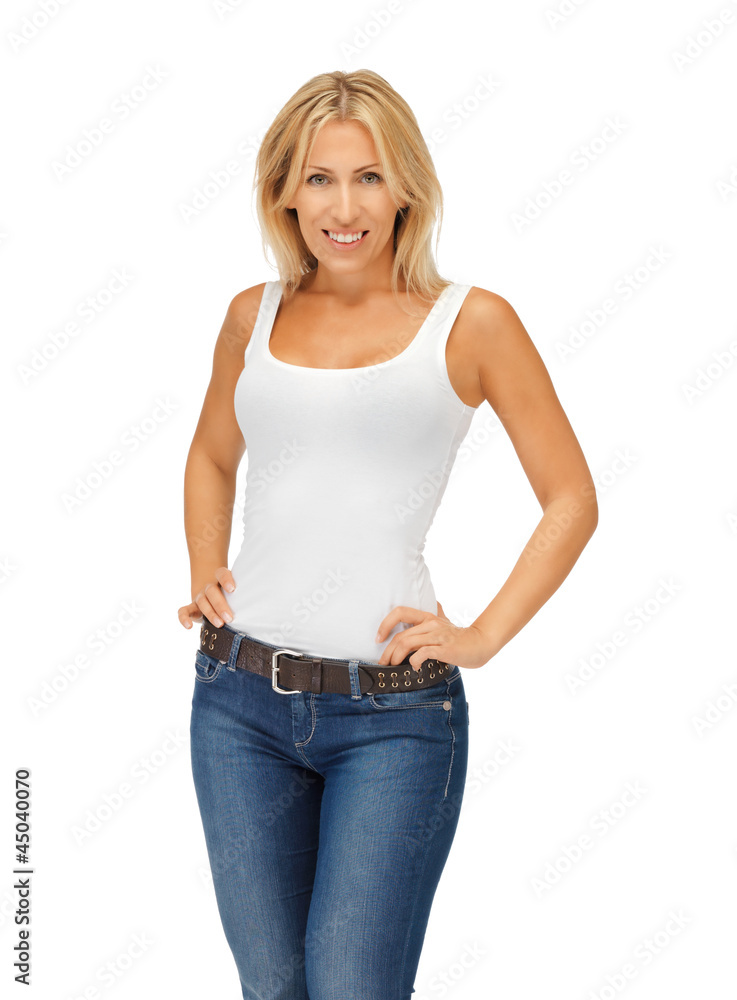 woman in blank white t-shirt