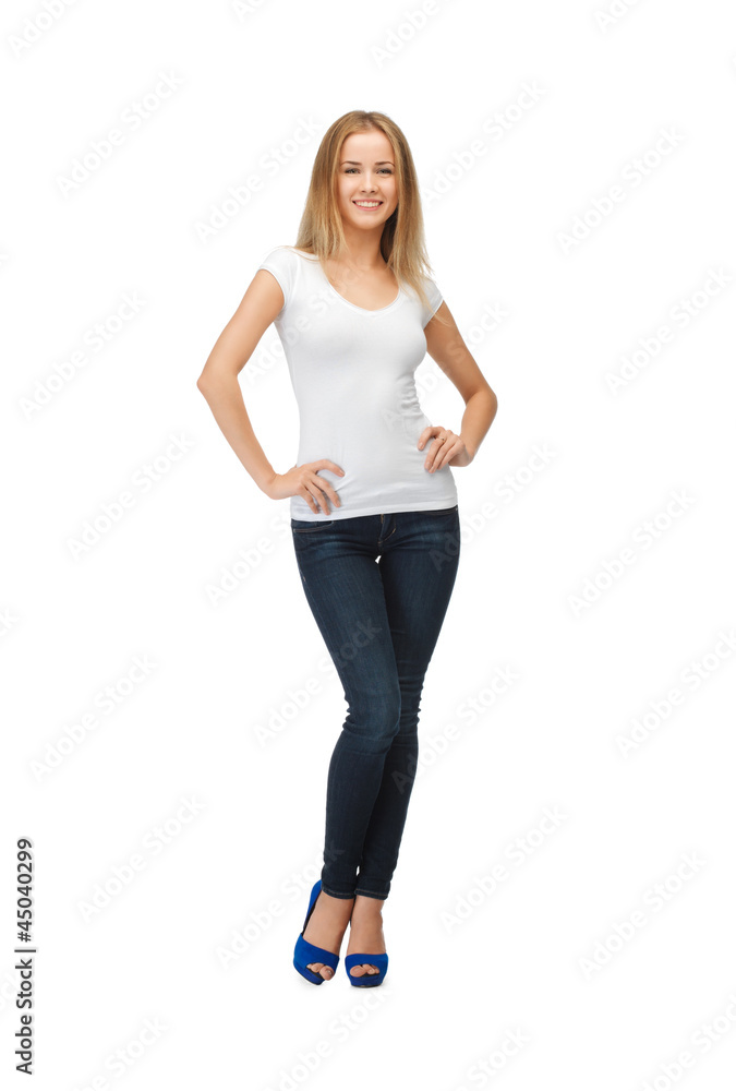 smiling teenage girl in blank white t-shirt smiling teenage girl in blank white t-shirt