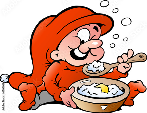 Hand-drawn Vector illustration of elf eating porridge