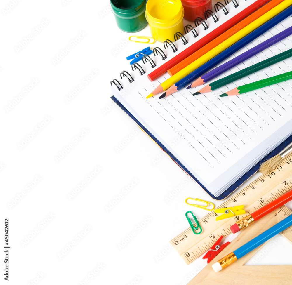 School stationery on the white with copy space School stationery on the white with copy space