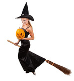 Beautiful sorceress flying on broom on white background