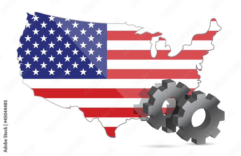Us map flag and gears illustration design