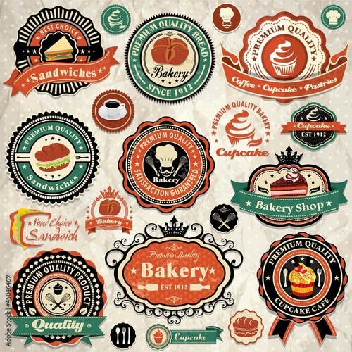 Collection of vintage food labels, badges and icons