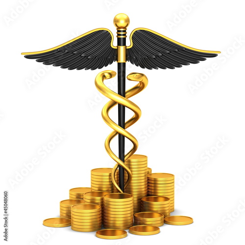 Black caduceus medical symbol and gold coins