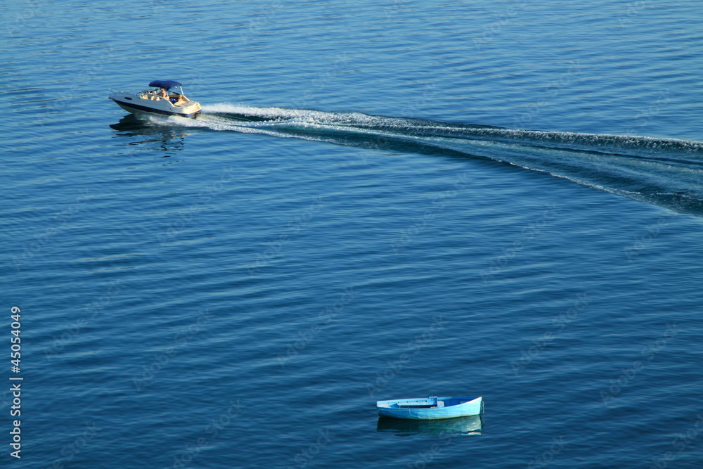 Motor Boat and a Boat on a Lake - obrazy, fototapety, plakaty 
