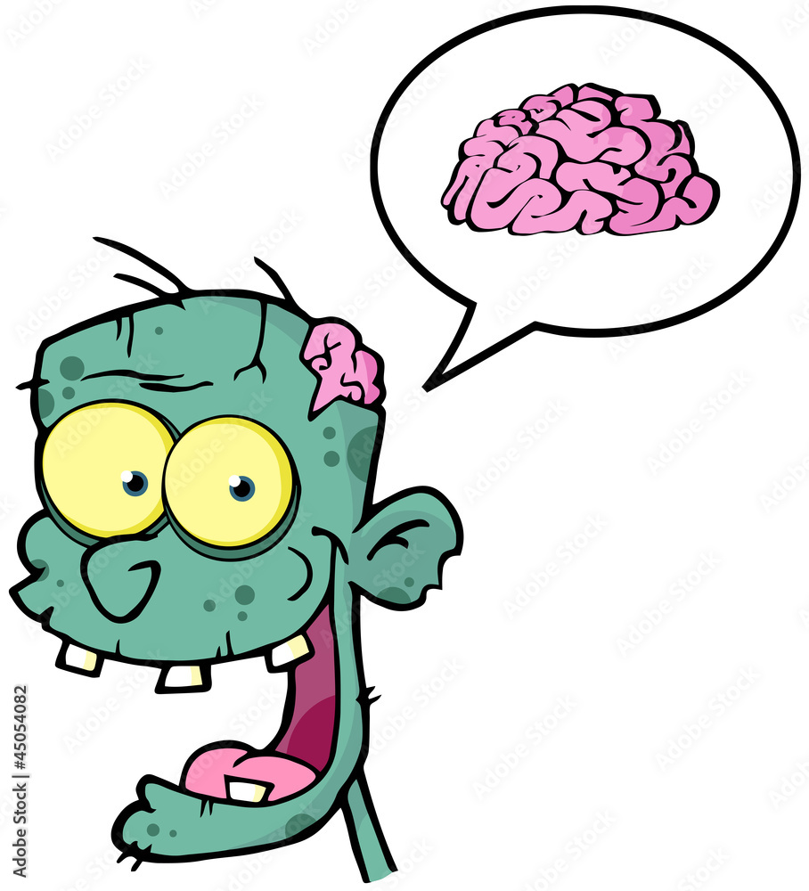 Happy Zombie Head And Speech Bubble With Brain Happy Zombie Head And Speech Bubble With Brain