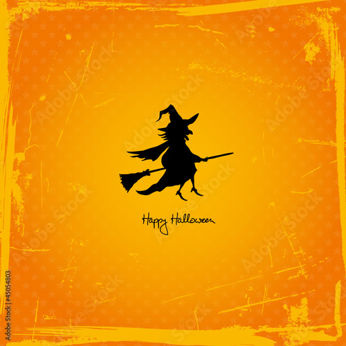 Halloween Card Flying Witch Retro Orange