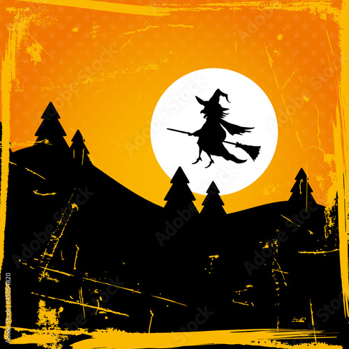 Halloween Card Flying Witch & Full Moon Retro Orange