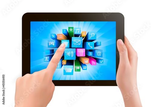 Hand holding touch pad and finger touching icons