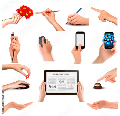 Set of hands holding different business objects.