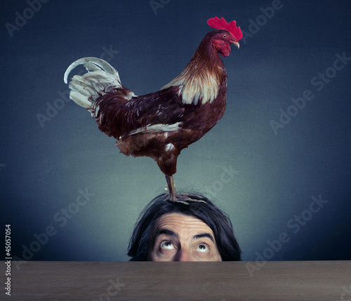 Rooster stands on the head of a man.