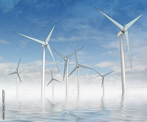 wind energy power in ocean with blue sky