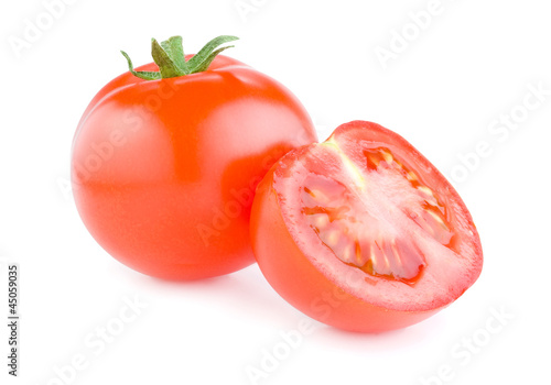 Fresh Juicy tomato cut in half Isolated on white background