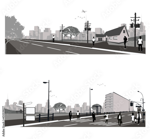 Vector illustration.Crowd of people walking on a street.