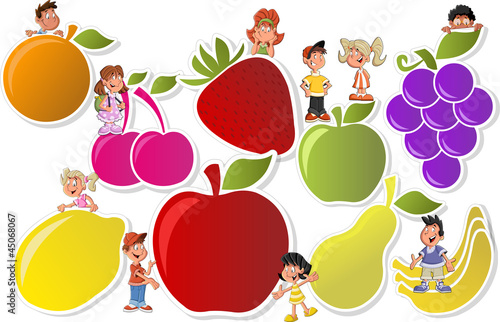 Colorful template for brochure with fruits and cartoon children