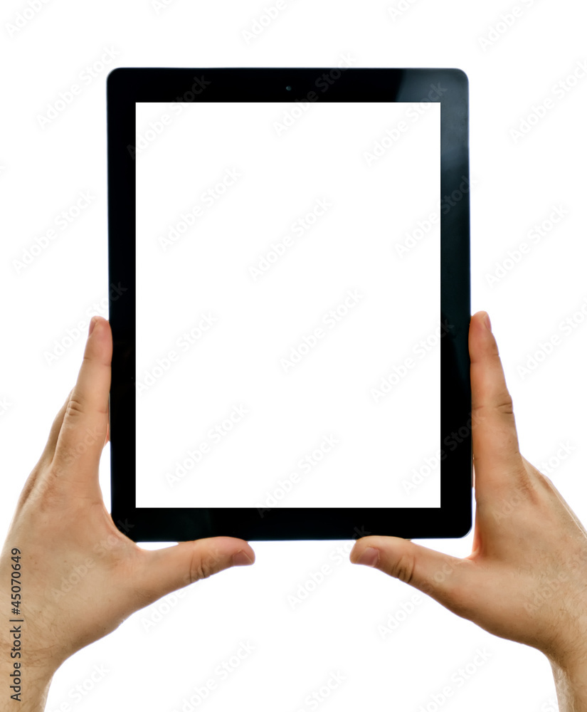 Male hands holding tablet computer. Isolated screen. Male hands holding tablet computer. Isolated screen.