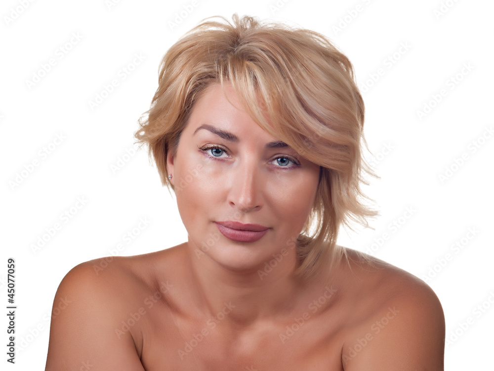 Portrait of the fine woman looking up isolated on white backgrou Portrait of the fine woman looking up isolated on white backgrou