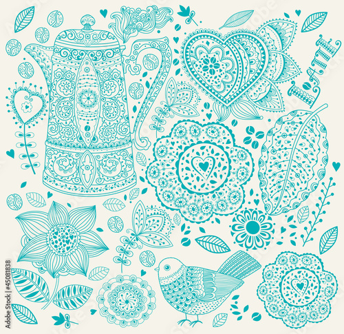 Vector floral background with coffee pot