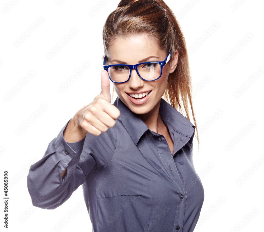 Happy smiling business woman with thumbs up gesture Happy smiling business woman with thumbs up gesture