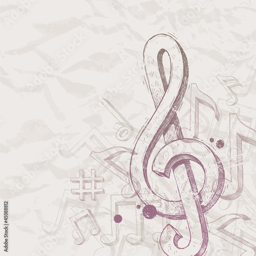 Vector hand drawn treble clef and notes