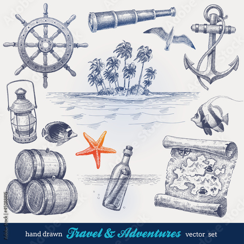 Travel and adventures hand drawn vector set