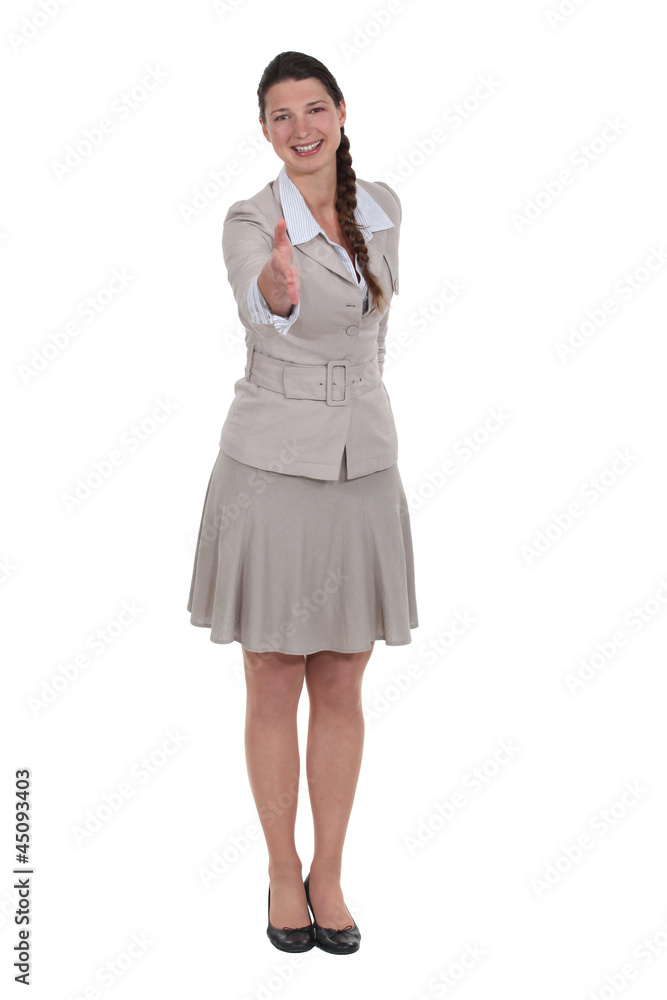 Woman stretching hand to greet Woman stretching hand to greet