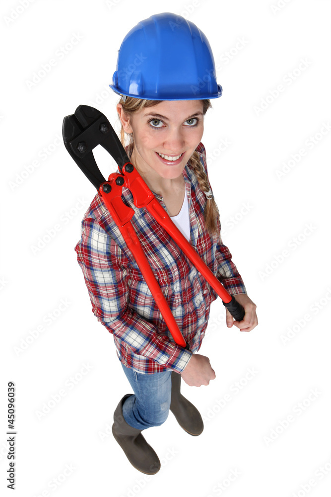 Woman with helmet over her shoulder Woman with helmet over her shoulder
