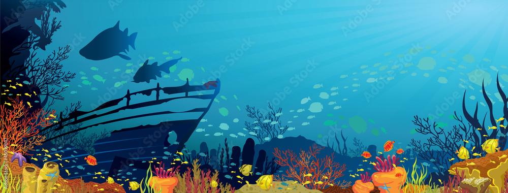 Naklejka premium Coral reef with sharks and silhouette of sunken ship