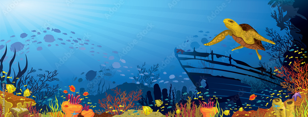 Naklejka premium Colored coral reef with yellow turtle