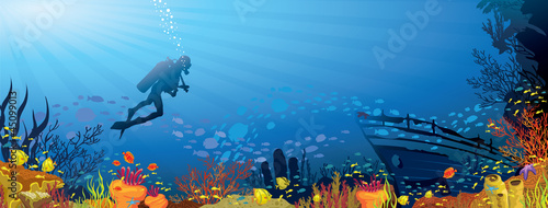 Colored coral reef with fish and diver