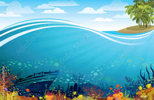 Coral reef with sunken ship under the island