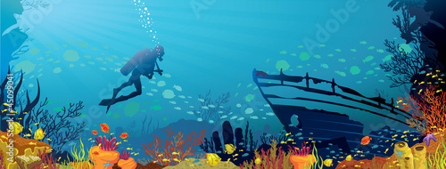 Colored coral reef with fish and diver