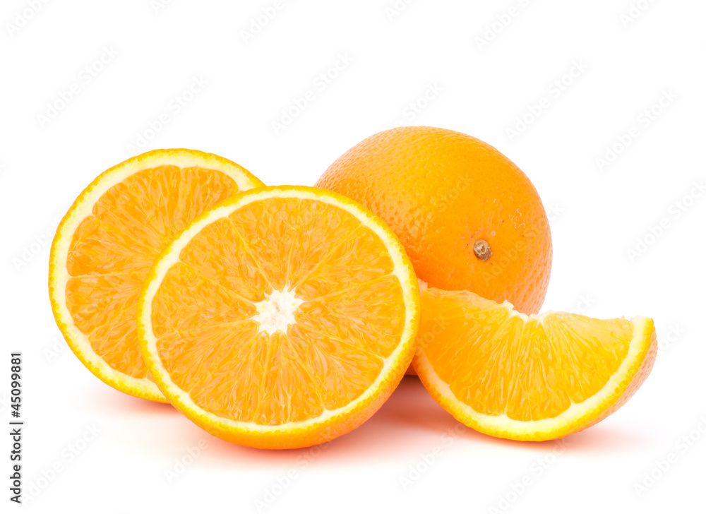 Sliced orange fruit segments isolated on white background Sliced orange fruit segments isolated on white background
