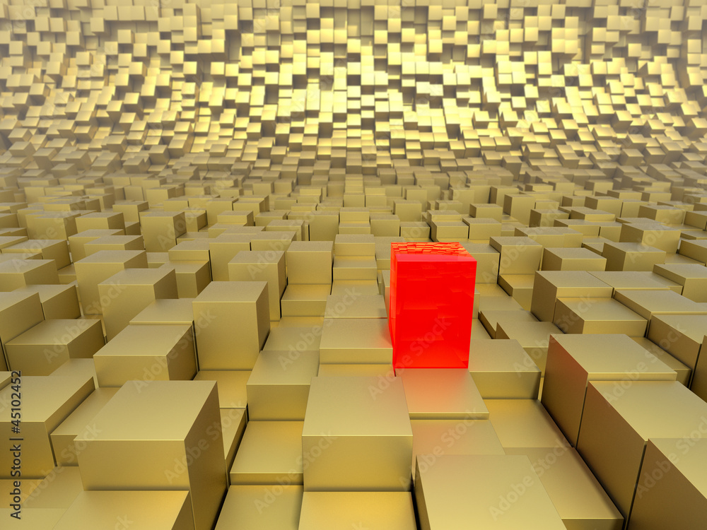 Fototapeta premium Surreale und Abstrakte Sci-Fi Fläche 3D Gold roter Quader
