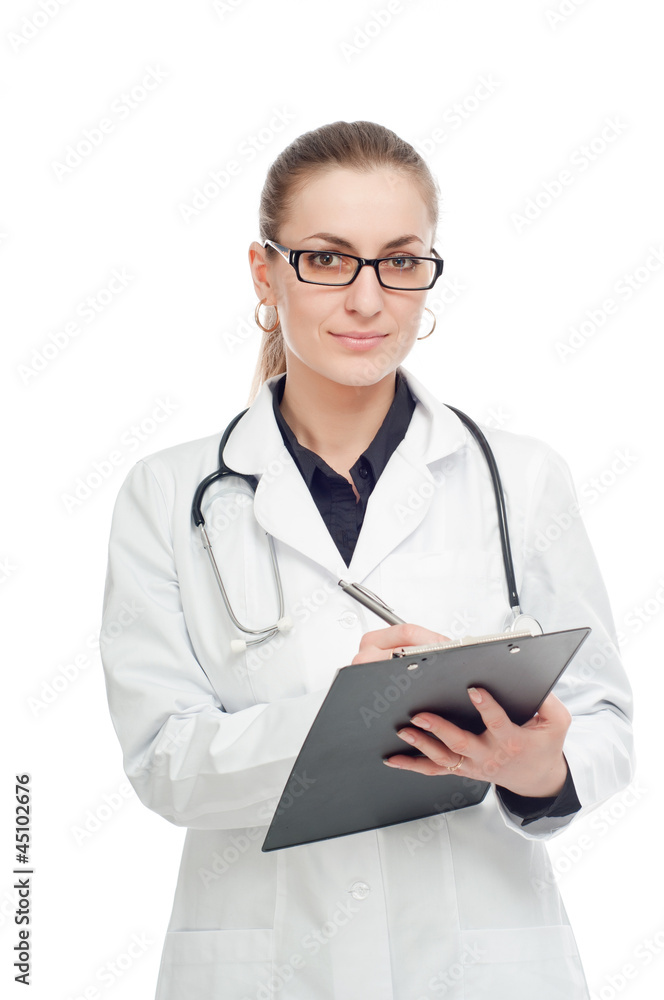 A female doctor writes. On a white background. A female doctor writes. On a white background.