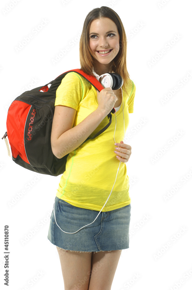 young woman with backpack on white young woman with backpack on white