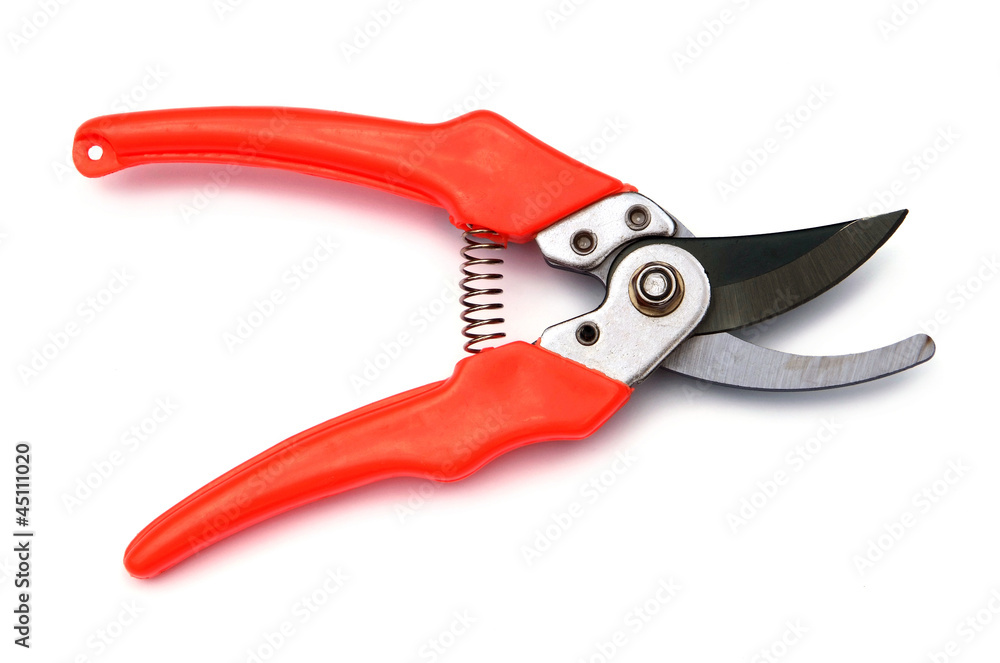 Red garden secateurs isolated on a white background Red garden secateurs isolated on a white background