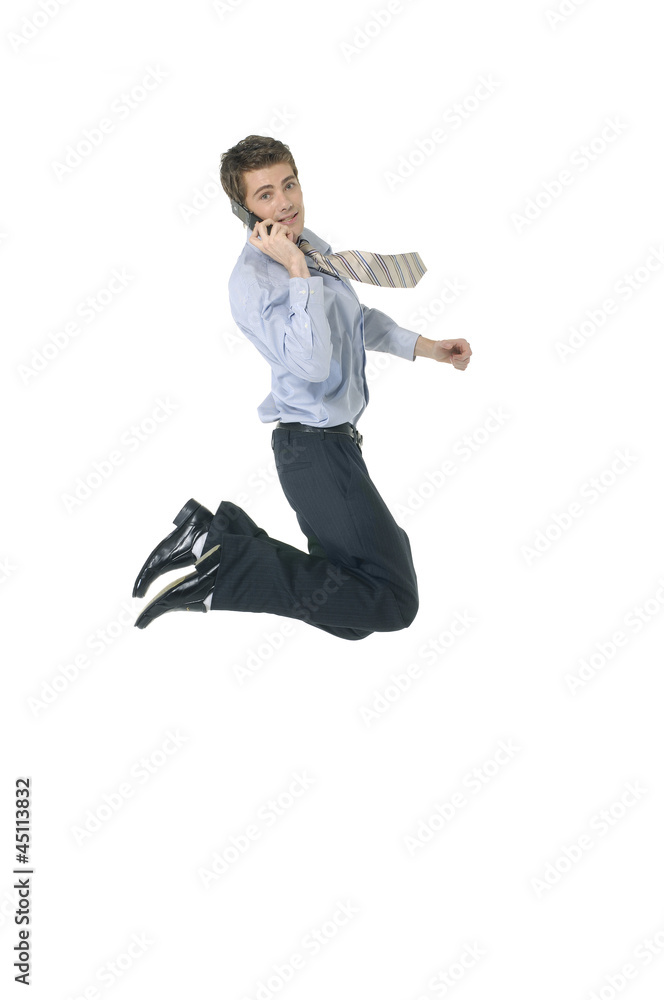 Businessman Using CellPhone jumping Businessman Using CellPhone jumping