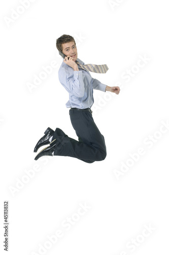 Businessman Using CellPhone jumping