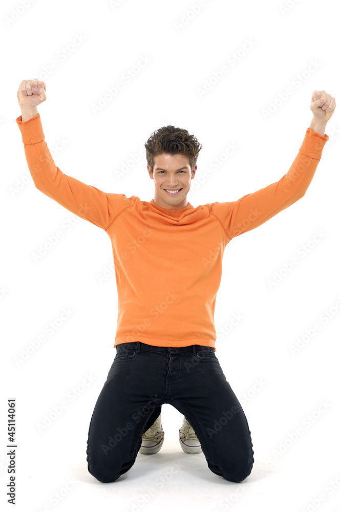 Portrait of a young man hands up Portrait of a young man hands up