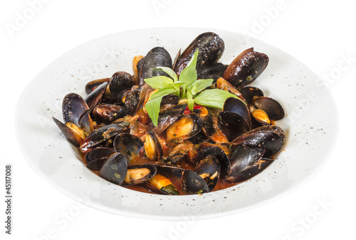 close up on mussels on white background