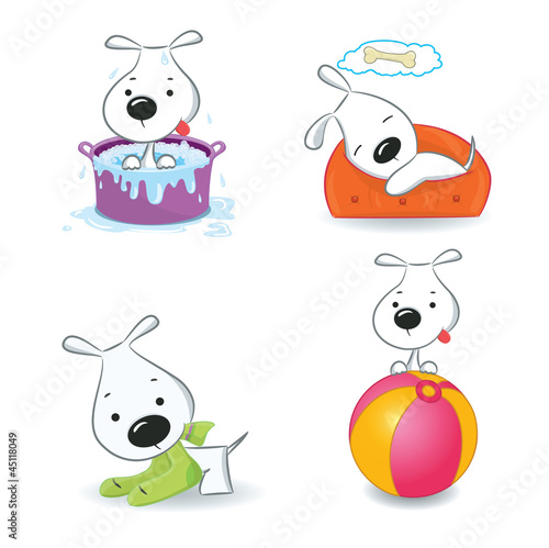 A set of funny puppies.Isolated on white.