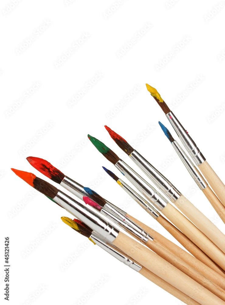 Paint brushes with gouache isolated on white Paint brushes with gouache isolated on white