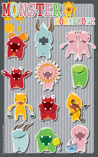 Horoscope signs with cute colorful monsters, vector