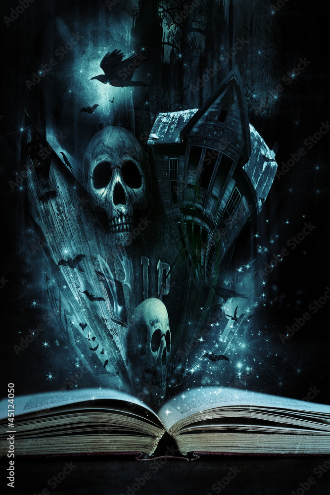 Naklejka premium Open story book with Halloween stories coming alive