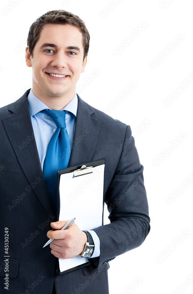 Young businessman with clipboard, isolated Young businessman with clipboard, isolated