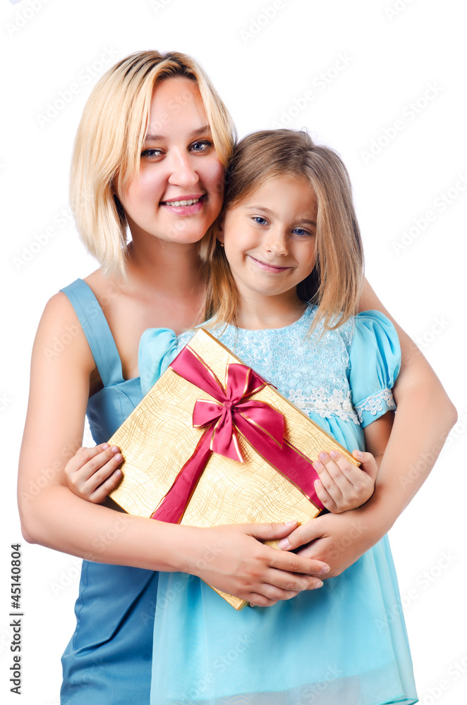 Happy mom and daughter on white Happy mom and daughter on white